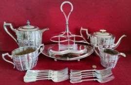 PARCEL OF SILVER PLATEDWARE INCLUDING FOUR PIECE TEASET, BASKET WITH SWING OVER HANDLE, ETC, PLUS
