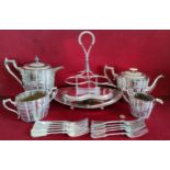 PARCEL OF SILVER PLATEDWARE INCLUDING FOUR PIECE TEASET, BASKET WITH SWING OVER HANDLE, ETC, PLUS