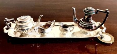 SILVER MINIATURE FOUR PIECE TEA SET AND TRAY, BIRMINGHAM ASSAY, WEIGHT APPROXIMATELY 66.6g