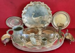 PARCEL OF SILVER PLATEDWARE INCLUDING LARGE PIERCE WORK TRAY, OVAL BREAD BASKET, WINE COASTERS AND