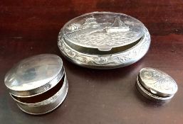 DUTCH SILVER COLOURED OVAL BOX WITH HINGED COVER, ALSO TWO OTHERS, ONE WITH GILDED INTERIOR, GROSS