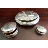 DUTCH SILVER COLOURED OVAL BOX WITH HINGED COVER, ALSO TWO OTHERS, ONE WITH GILDED INTERIOR, GROSS