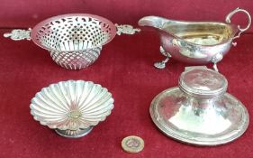 SILVER CAPSTAN INKWELL, SILVER GRAVY BOAT, SILVER PIERCEWORK DISH AND SILVER SWEET DISH WITH