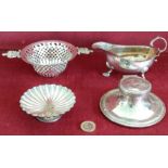 SILVER CAPSTAN INKWELL, SILVER GRAVY BOAT, SILVER PIERCEWORK DISH AND SILVER SWEET DISH WITH