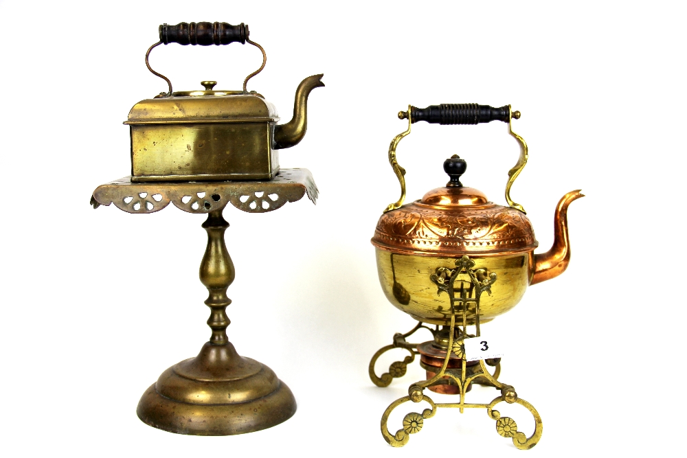 An Art Nouveau hammered copper and brass spirit kettle on stand, H. 32cm. Together with a hammered