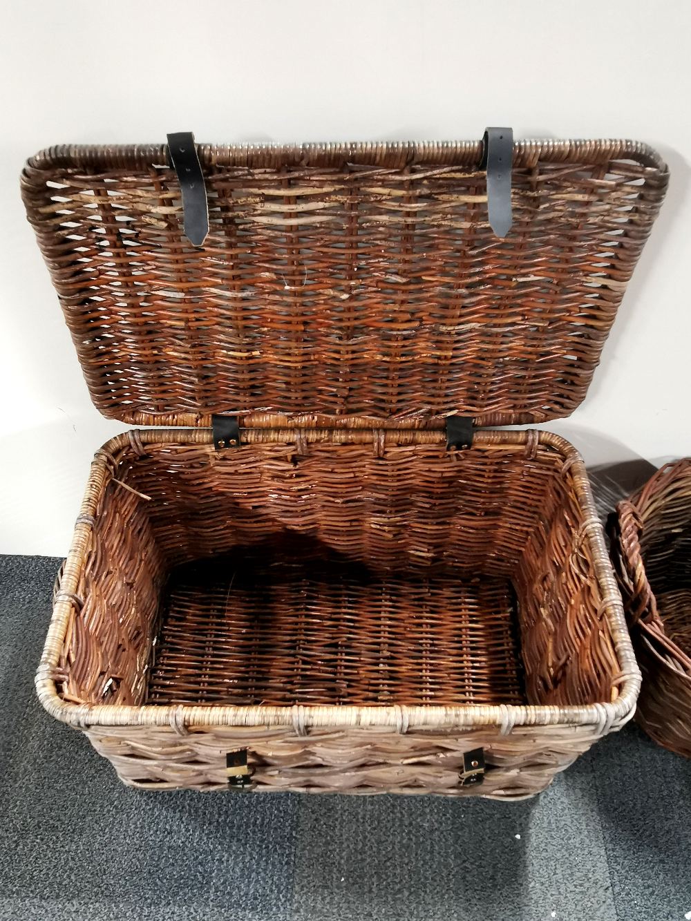 A vintage cane laundry basket, 75 x 46x 46cm. together with a further basket. - Image 2 of 2