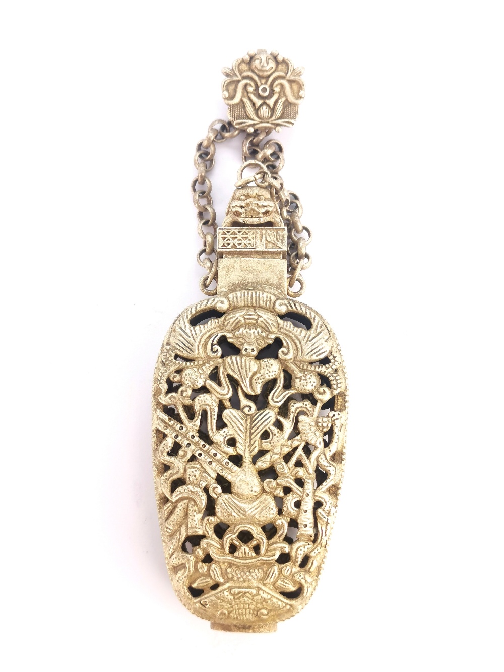 An interesting Chinese pierced white metal pomander on chain decorated with bats and sacred symbols.