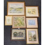 A group of mixed watercolours and prints, largest 50 x 39cm.