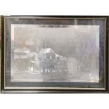 An interesting framed and signed foil work picture of a continental riverside scene, 61 x 44cm.