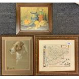 A framed 1937 pastel of a Terrier dog (34 x 43cm), together with a further three framed pictures.