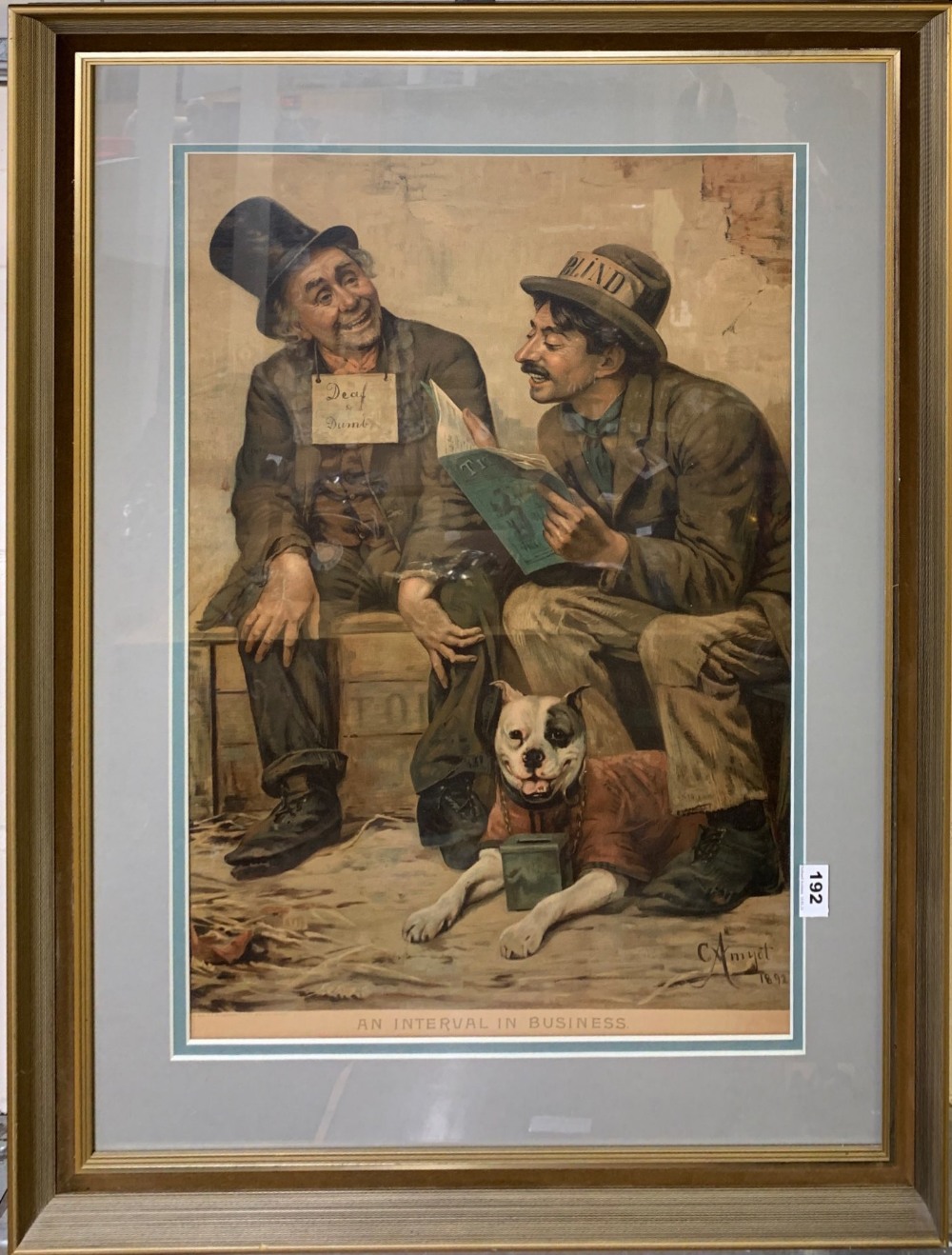 A 19th Century framed amusing print of a Deaf and Blind beggar, the blind beggar reading to this
