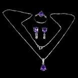 A suite of 925 silver amethyst and white stone set ring, necklace and pair of earrings, L. 1.7cm, (