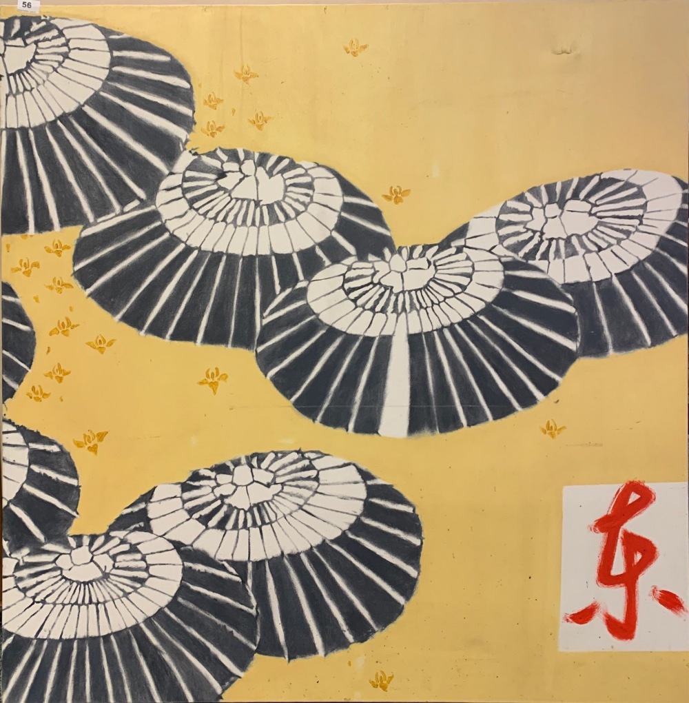 A large Japanese oil on canvas of parasols, 120 x 120cm. Condition: minor A/F.