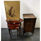 A nest of three coffee tables, a 1930's fire screen and a bedside cabinet.