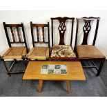 Two pairs of chairs and a 1960's tile topped coffee table.