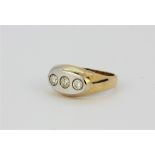 A hallmarked 9ct yellow gold three stone diamond ring, approx 0.45ct. (T) Diamond platform white