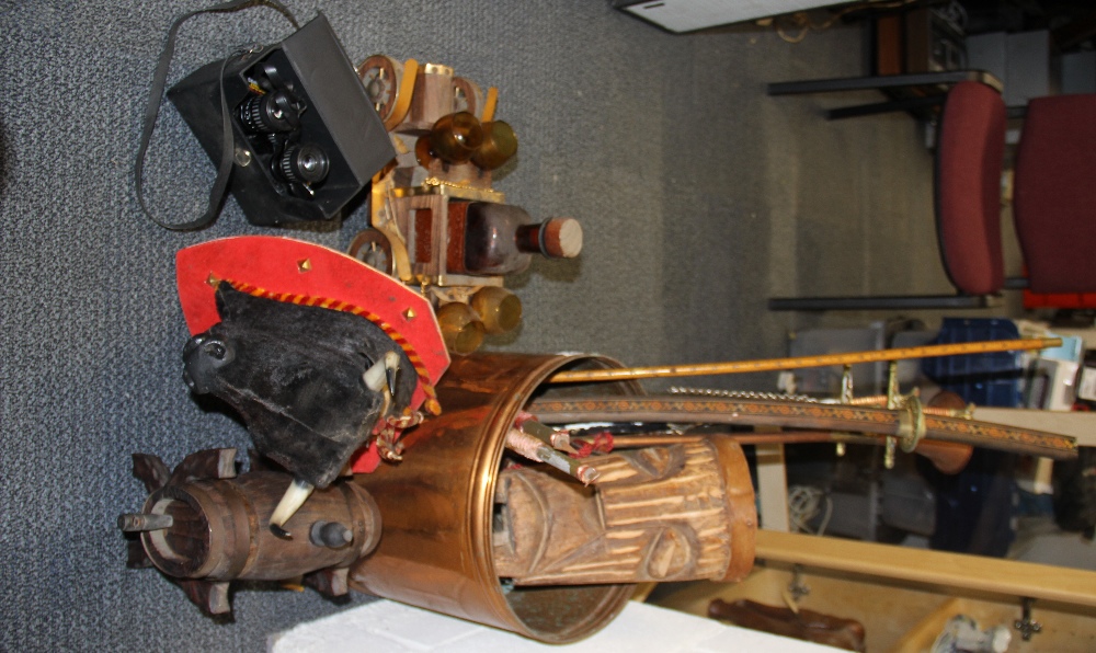 A quantity of mixed metal and Spanish souvenir items.