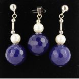 A pair of 925 silver cultured pearl and blue crystal earrings with a matching pendant. Crystal