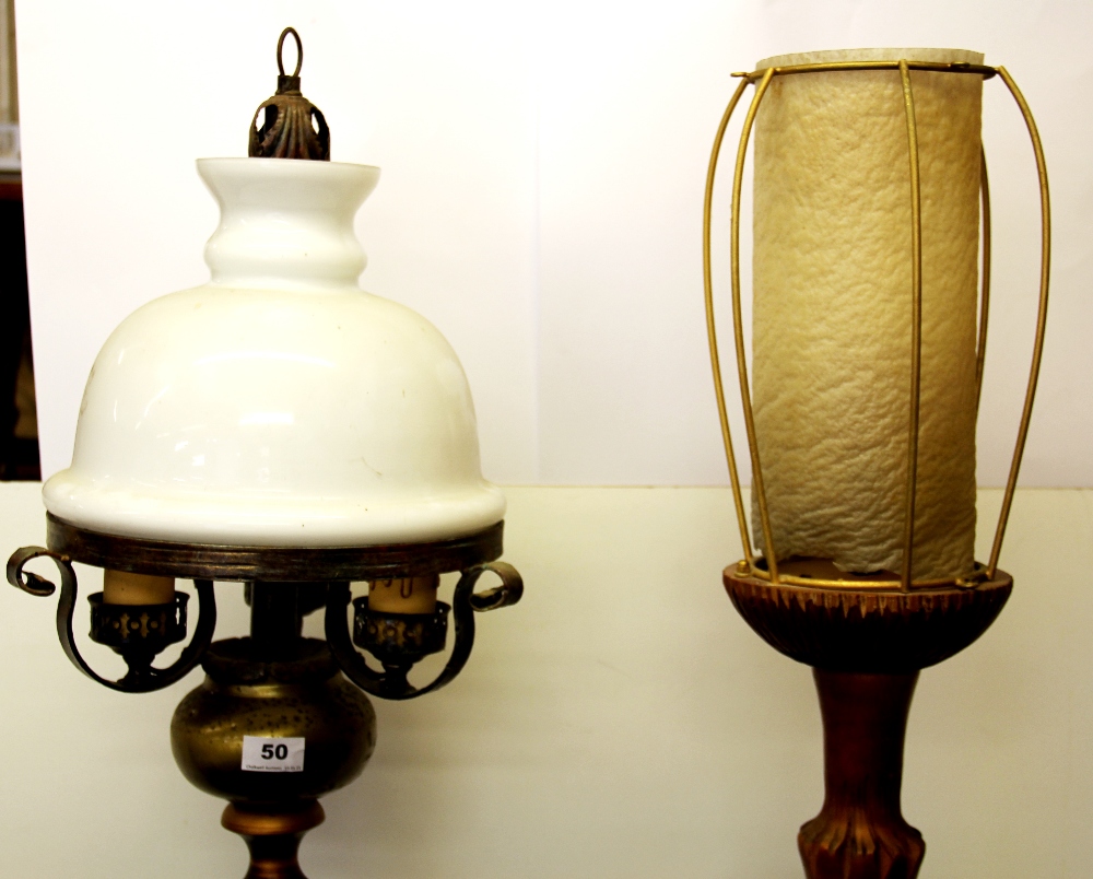 Two interesting wood and brass standard lamps, H. 150cm. - Image 2 of 2