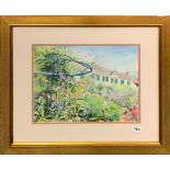 A framed watercolour of Monet's garden Giverny, France by Sue McCarthy ( ) 2001, frame size 68 x