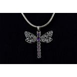 A 925 silver dragonfly pendent set with amethyst and blue topaz on a silver chain.