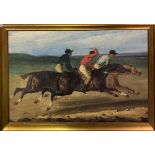 A large gilt framed oil finished print on canvas of horse racing, frame size 154 x 112cm.