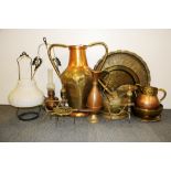 A large group of copper and brass items together with a hanging oil lamp, tallest item 67cm.