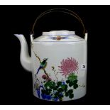 A large Chinese hand painted porcelain teapot with metal carrying handles, H. 23cm.
