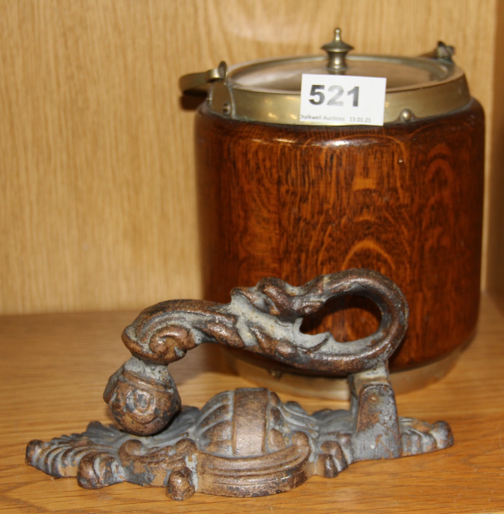 A heavy cast iron door knocker and an oak biscuit barrel. - Image 2 of 2