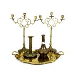 An Art Nouveau hammered gilt brass tray together with an Art Nouveau hammered brass vase, arts and