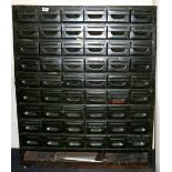 A large vintage metal cabinet of drawers with the contents included, W. 89cm. H. 107cm.