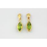A pair of 9ct yellow gold drop earrings set with marquise cut peridot, L. 1.9cm.