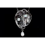 An Art Nouveau style 925 silver plique a jour enamel faux opal and cultured pearl pendant on chain.