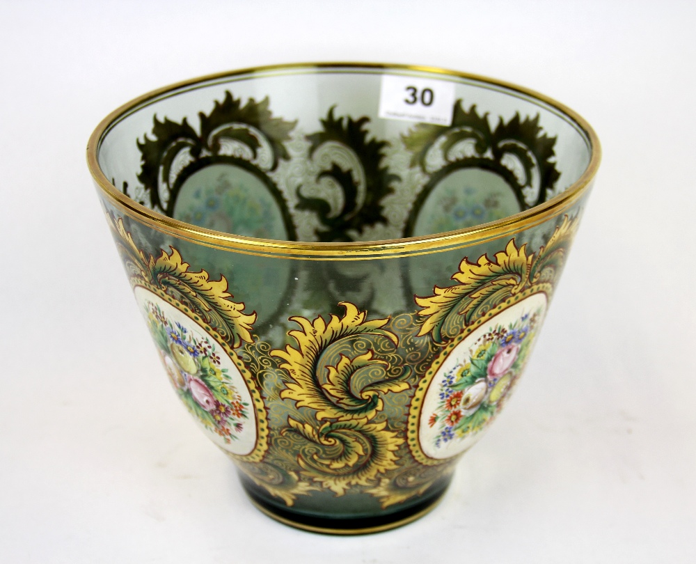 A superb Bohemian gilt and hand painted green glass vase, H. 17cm. Dia. 22cm. - Image 2 of 3