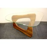 A rare 1950's/60's wood and glass ovoid coffee table in the style of Isamu Noguchi, 92 x 65 x