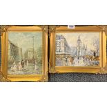 Two gilt framed oils on canvas of Paris, frame size 32 x 27cm.