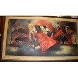 A 1970's framed dramatic print of a bull fight, W. 187cm.