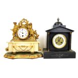 A French gilt metal and alabaster mantle clock ( no pendulum) together with a French slate mantle