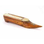 An 18th Century carved sycamore (?) wood and bone shoe cribbage board/box, L. 19cm.