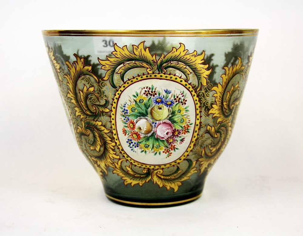 A superb Bohemian gilt and hand painted green glass vase, H. 17cm. Dia. 22cm.