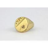 A gentleman's 9ct yellow gold diamond set signet ring, approx. 4.9gr, (T).