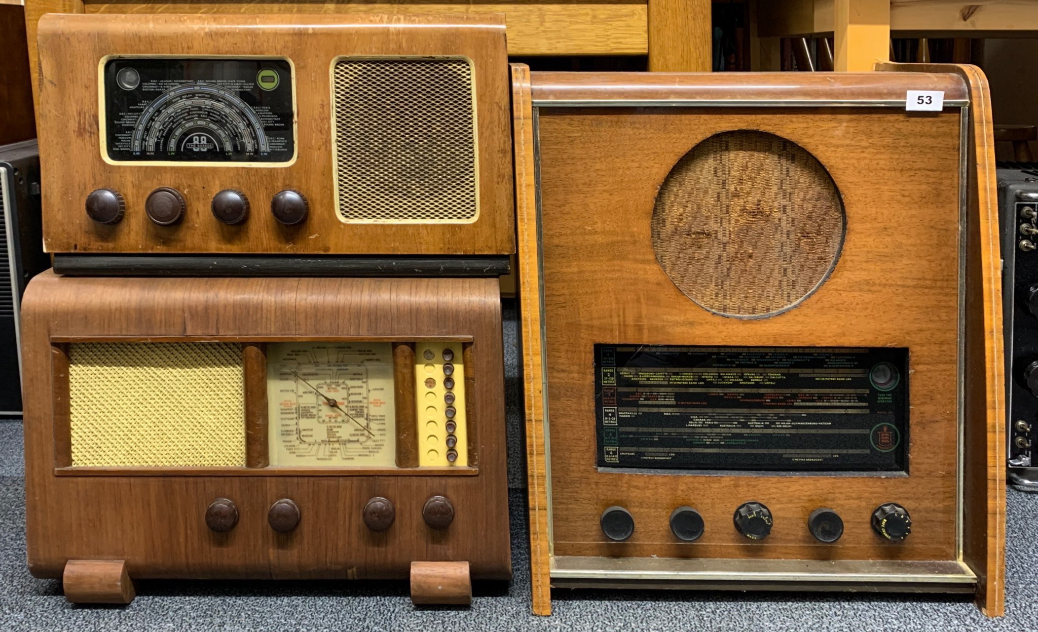 A wooden cased Ambassador radio model 949 together with a wooden cased Barker 88 radio together with