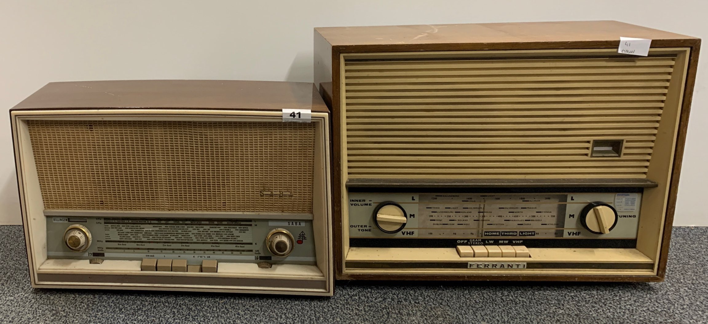 A wooden cased Saba-villigin-12 radio together with a Ferranti type A.1016 radio.