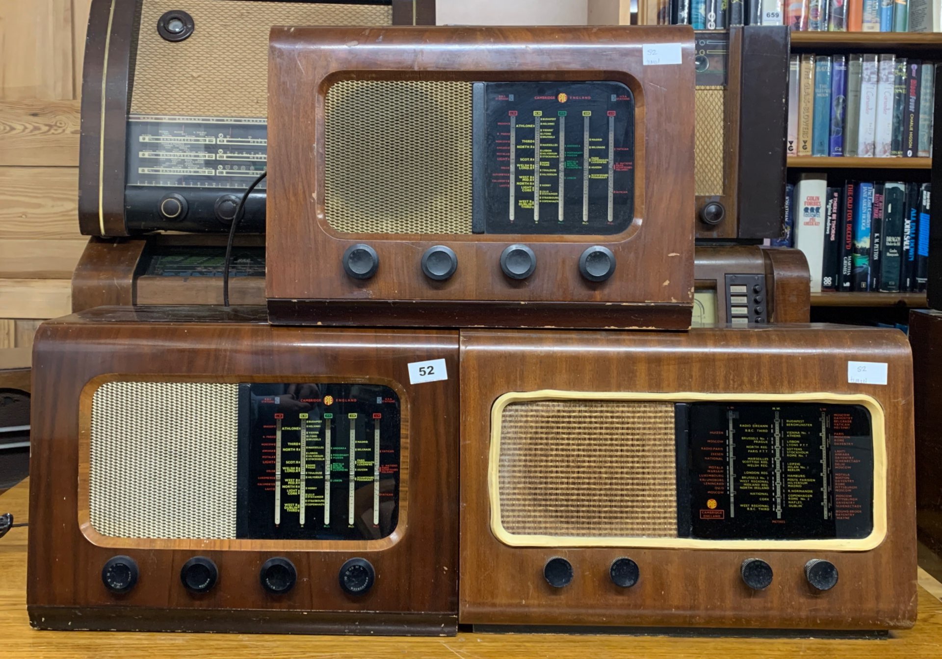 Three wooden cased vintage Cambridge PYE England radios.