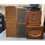 A pair of wooden Fideelity loudspeakers, two wooden Toshiba speakers and a further 2 vintage