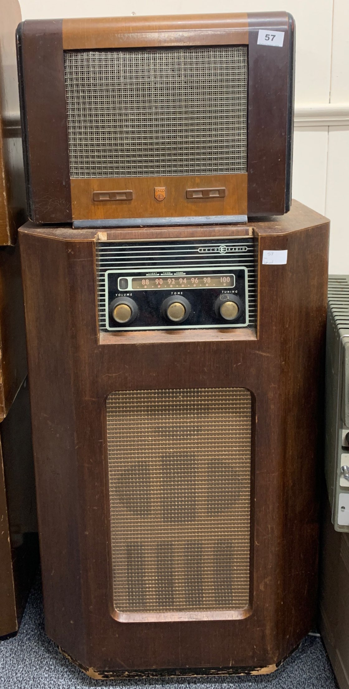 Small wooden cased Ekco radio model A110 together with a large wooden cased Ekco radio model C273.