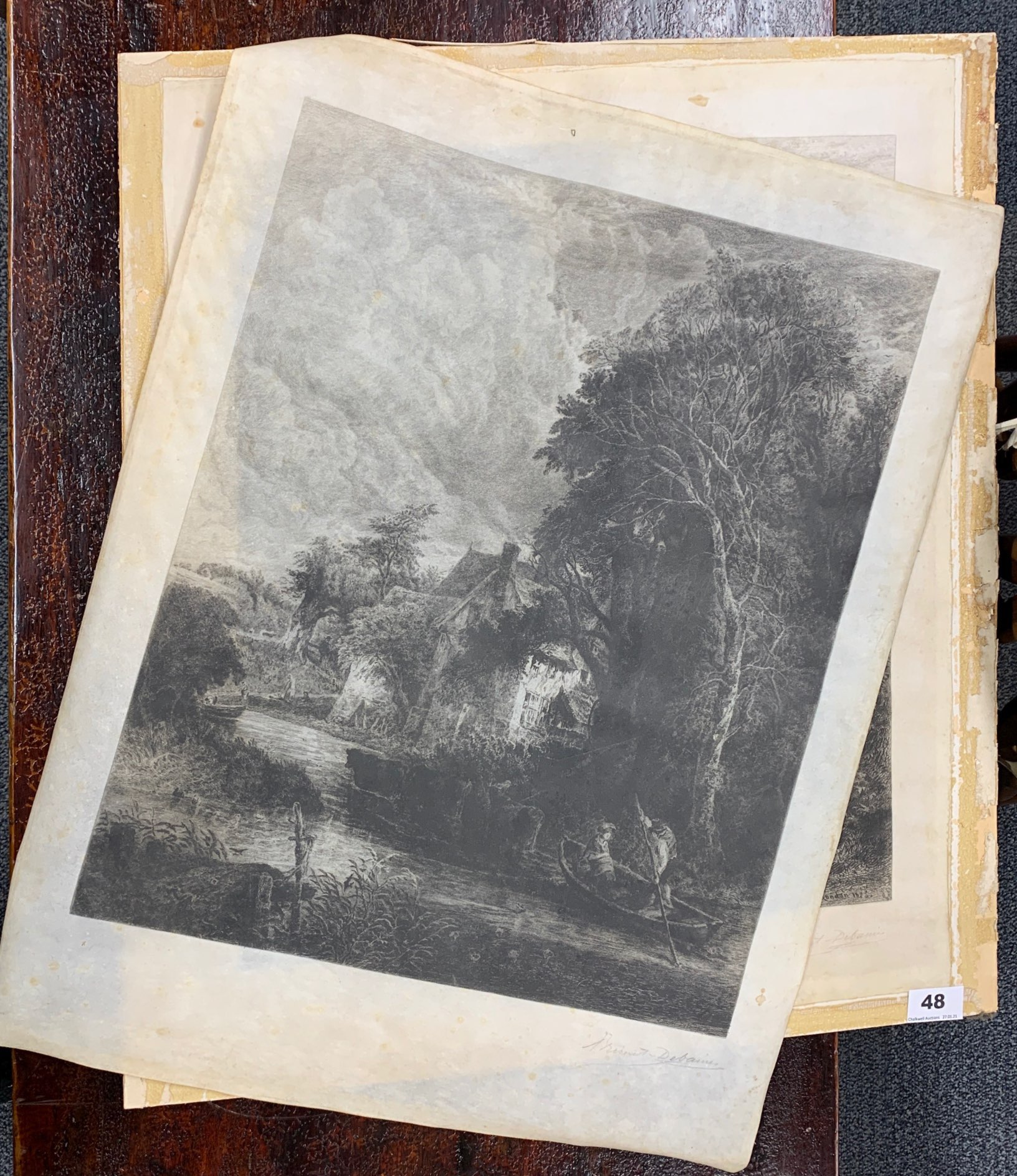 Two unframed early pencil signed etchings printed on vellum after John Constable, 51cm x 64cm.