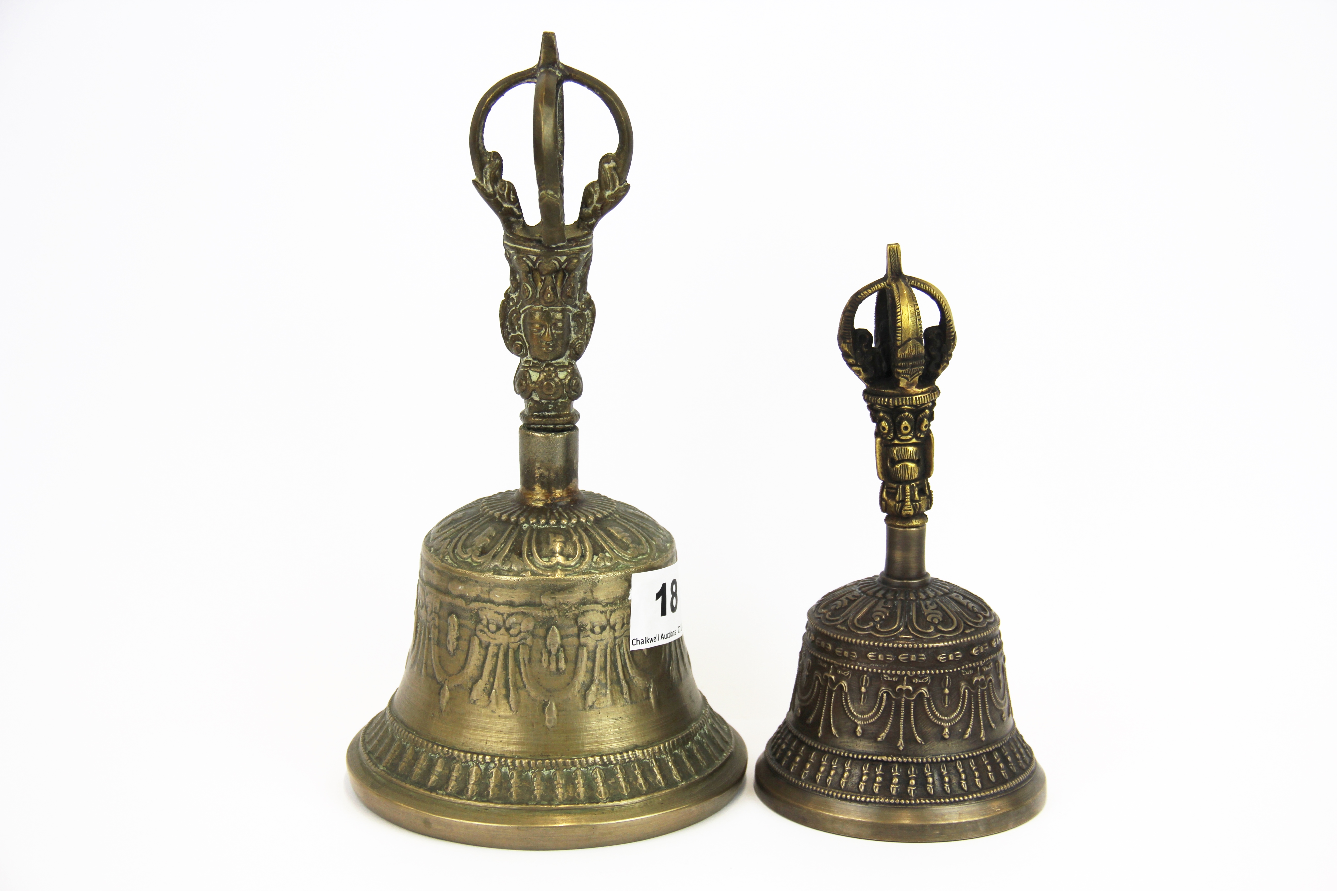 Two Tibetan brass / bronze temple bells, tallest. 21cm.