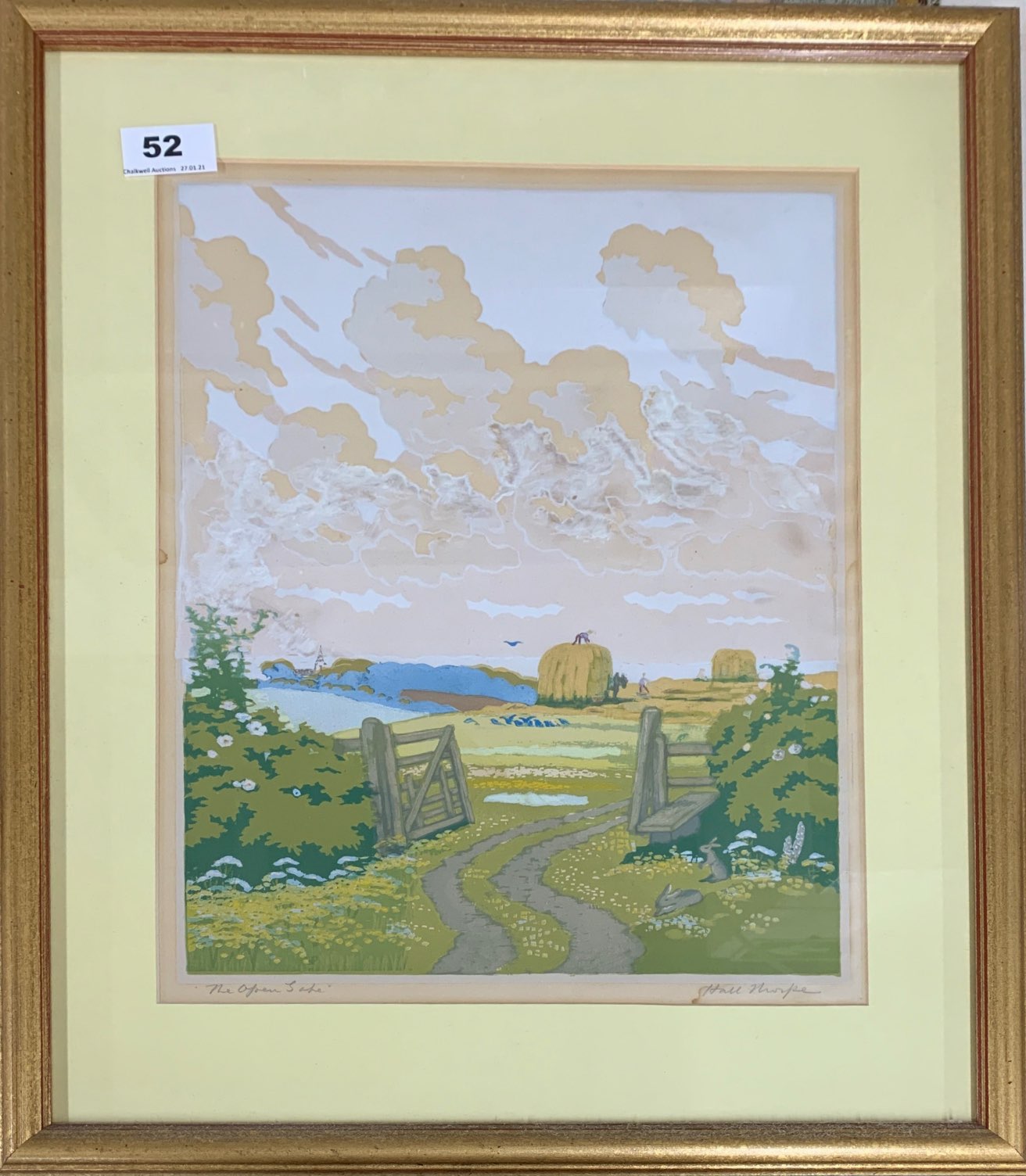 A Hall Thorpe '1874-1947' pencil signed framed wood cut entitled 'The open gate', 43cm x 51cm.