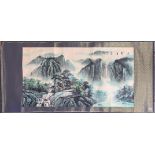 A Chinese silk mounted hand painted scroll of a mountain landscape with waterfall, 183cm x 79cm.